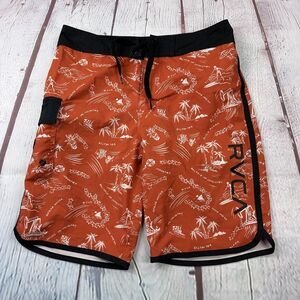 RVCA Shorts Boys 27 Orange Boardshorts Aloha Print Swim Trunks Surf Pocket
